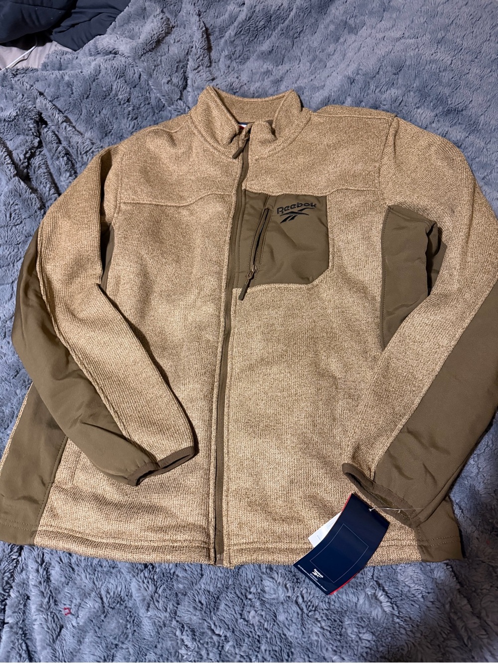 Reebok Mens Full Zip Soft Shell Mock Neck Jacket in Toffee Heather L nwt